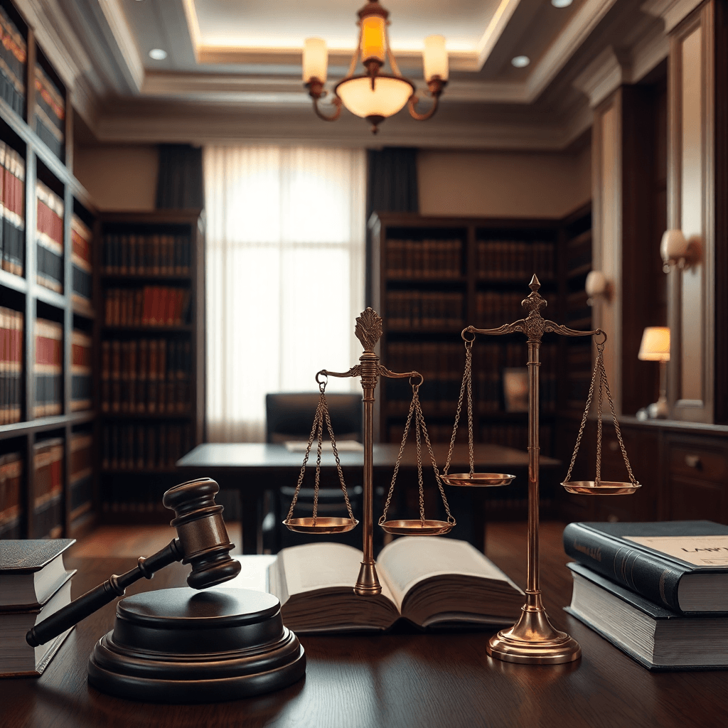 elegant law office interior with law books, gavel and scales of justice, warm lighting, professional legal environment
