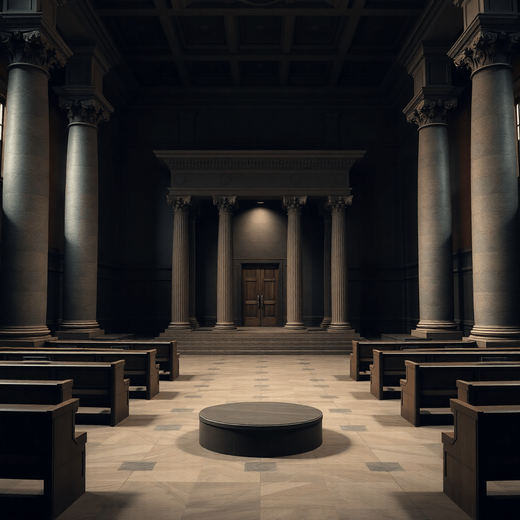 professional indian courtroom with columns and legal architecture, dark moody lighting